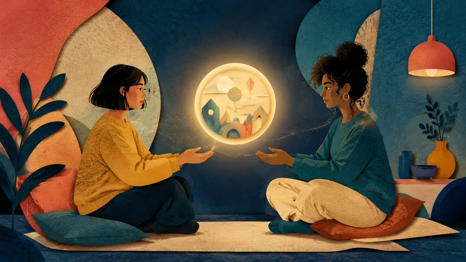 Two friends exchanging a glowing orb that represents a borrowed memory