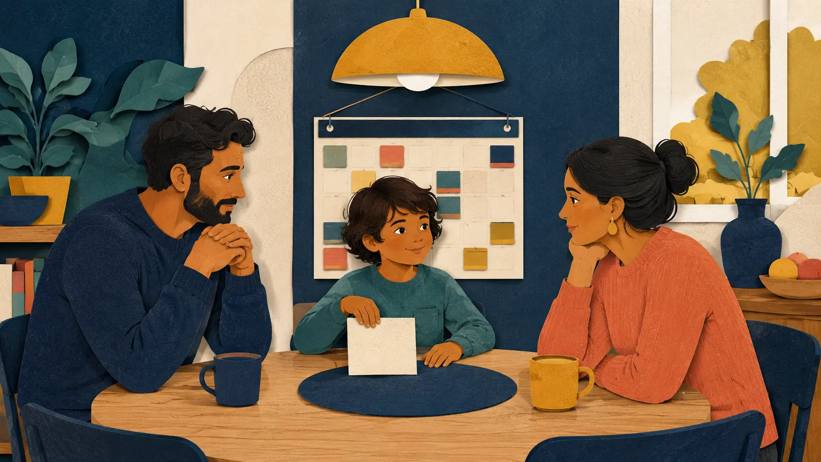 A child presenting one family rule for discussion with two parents