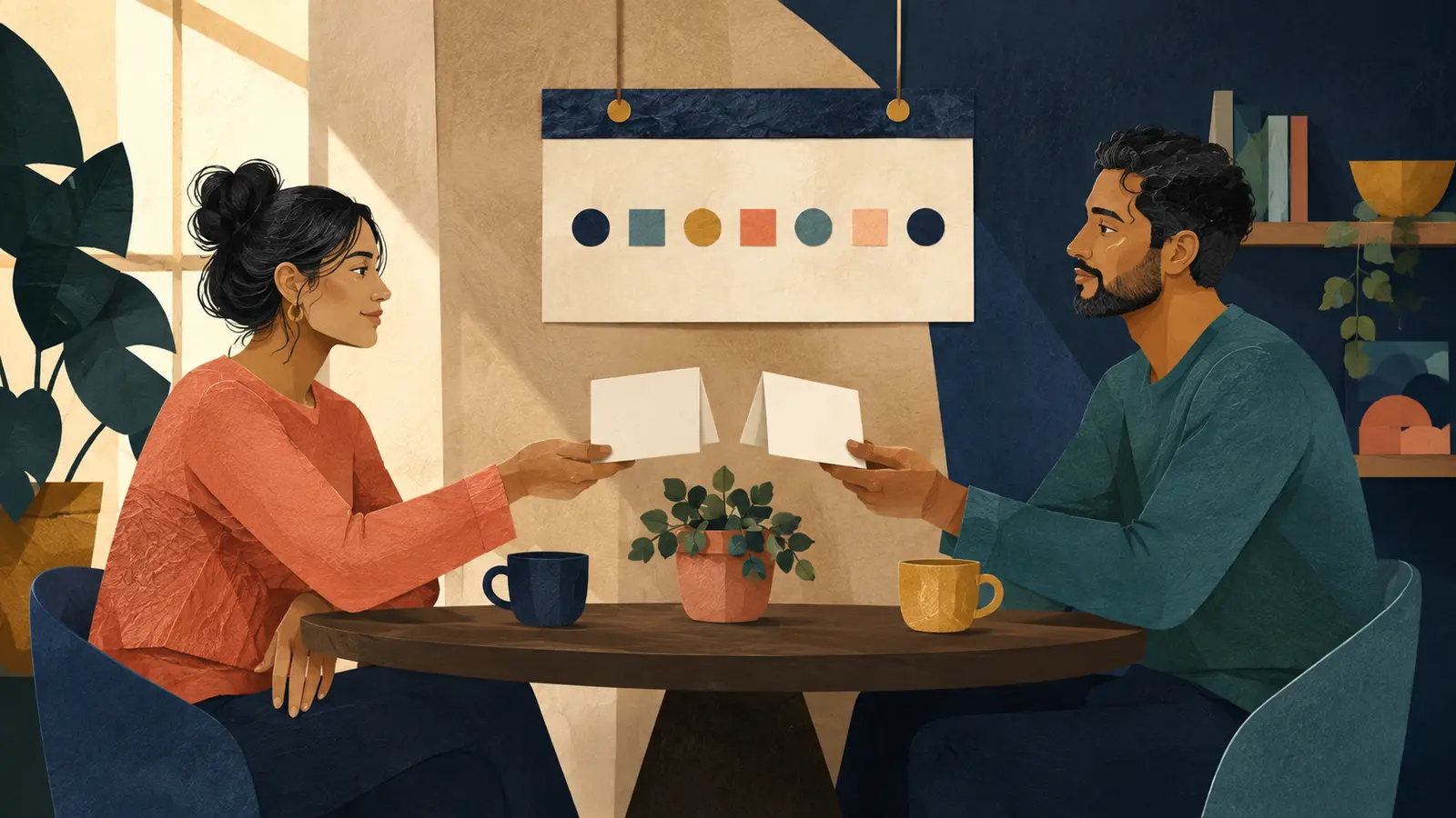 A couple exchanging cards that represent unspoken expectations