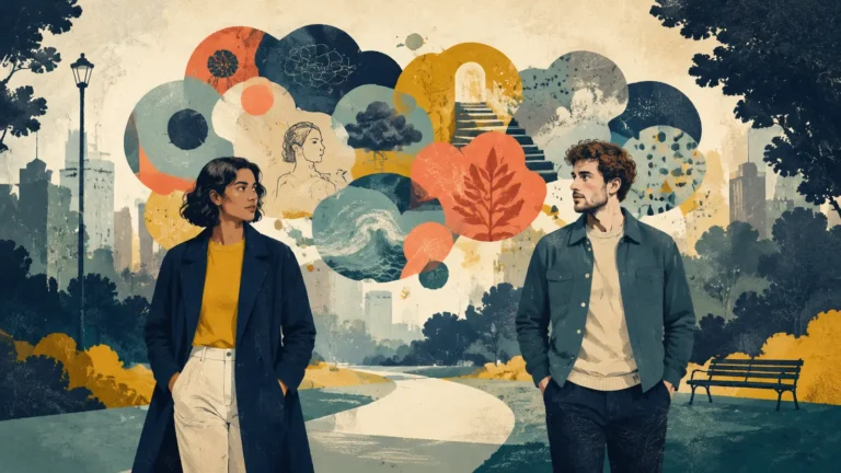 Two friends surrounded by overlapping abstract thoughts