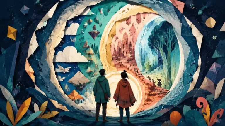 Two friends facing portals to several original imaginary worlds