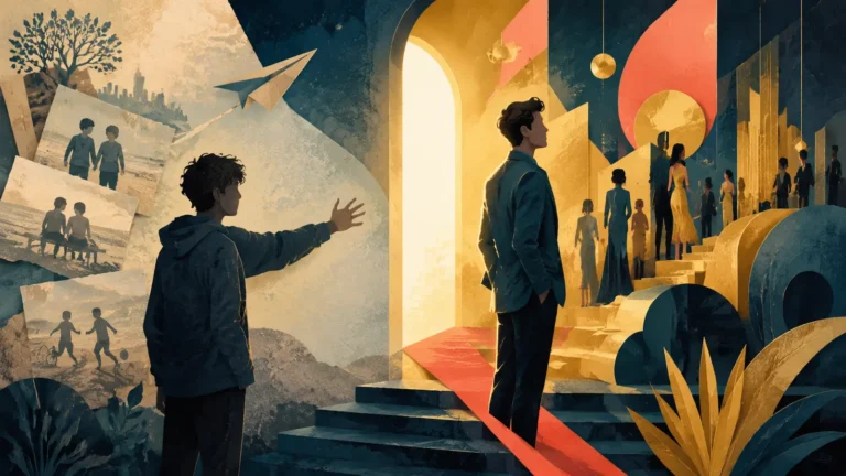 Former friends separated by a doorway between shared memories and sudden wealth