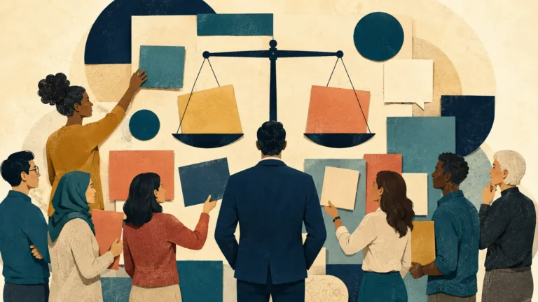 Employees and a manager considering a public workplace feedback system