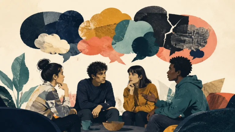 Friends talking beneath layered speech clouds including one fractured cloud