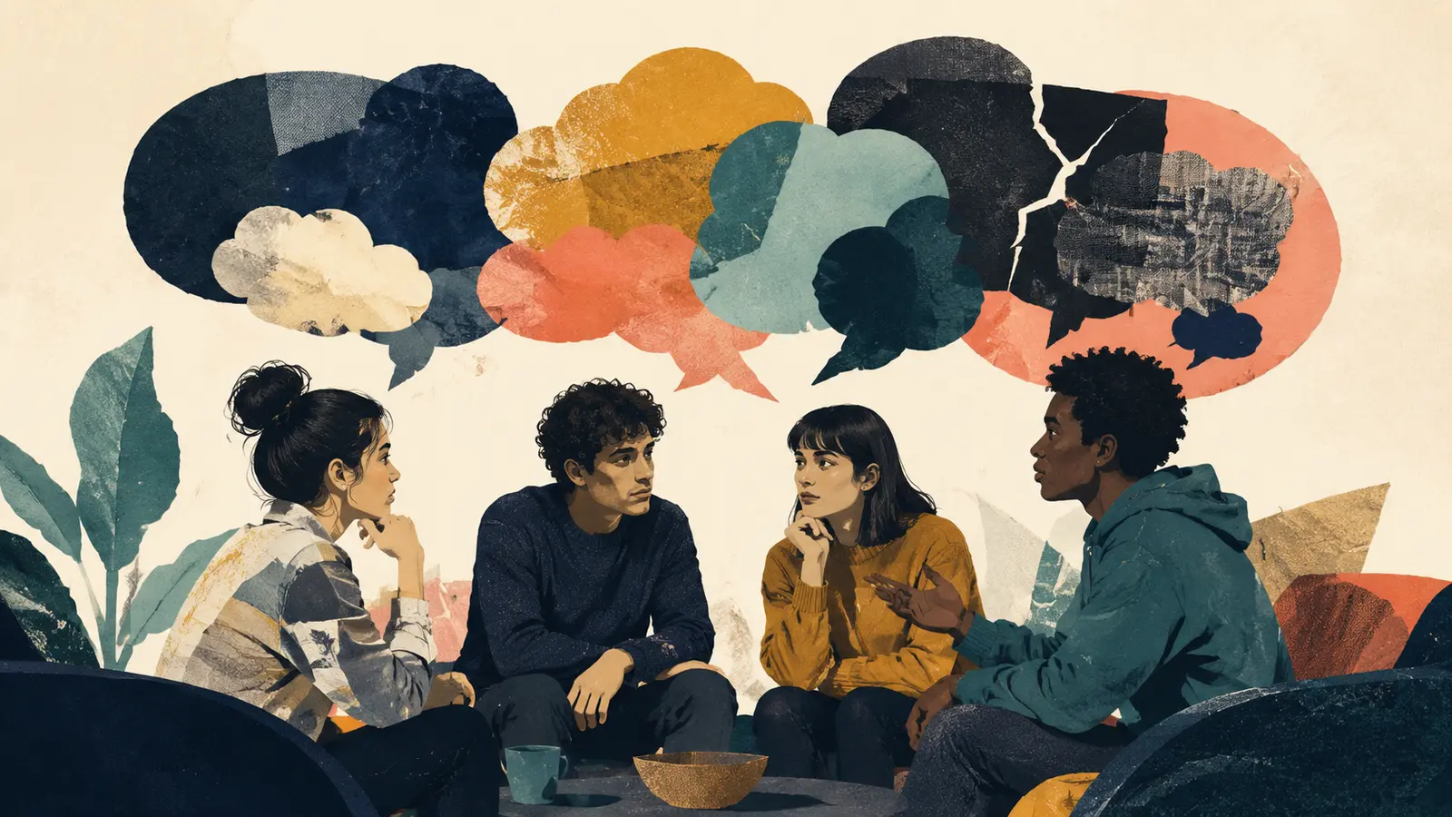 Friends talking beneath layered speech clouds including one fractured cloud
