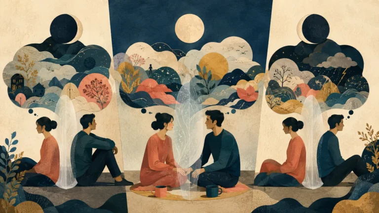 A couple sharing abstract thoughts across recurring cycles and privacy boundaries
