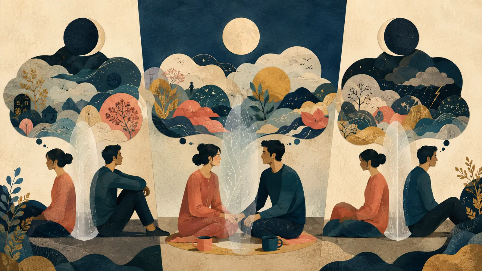 A couple sharing abstract thoughts across recurring cycles and privacy boundaries