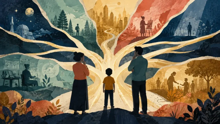 Parents and a child facing several branching possible futures