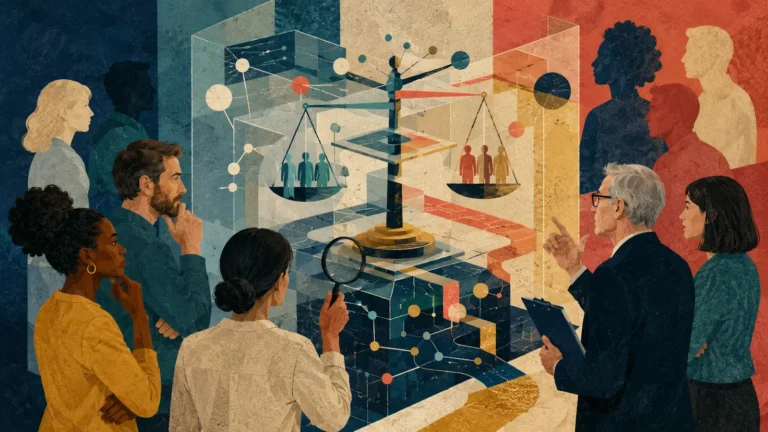 Workers examining an abstract employee evaluation system with human oversight