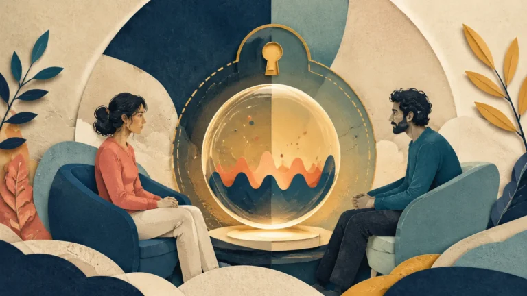 A couple reflecting across a protected recording orb and abstract waveform