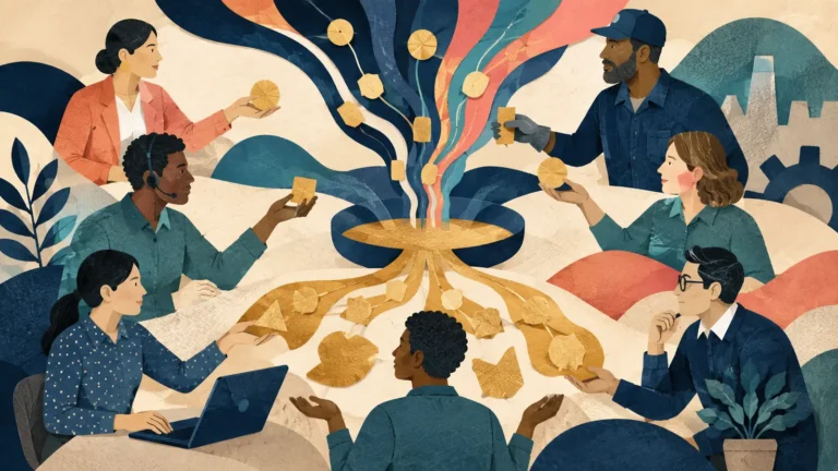 A diverse team contributing to and sharing an abstract pool of value