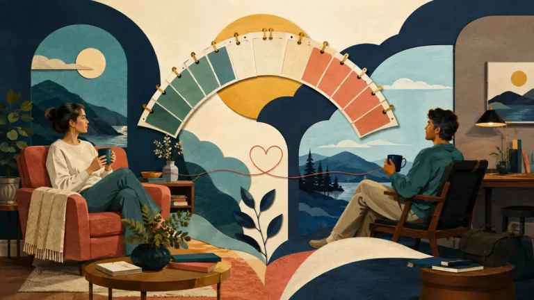 A couple in separate connected spaces linked by a calendar arc