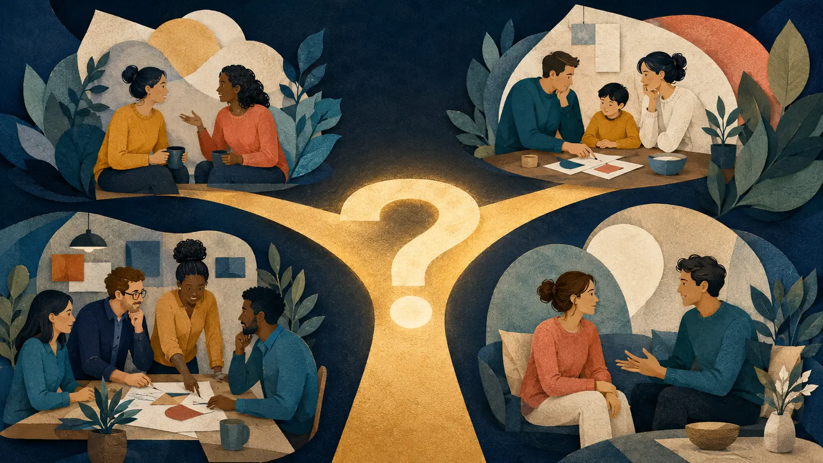 Four everyday what-if scenarios connected by a glowing question mark